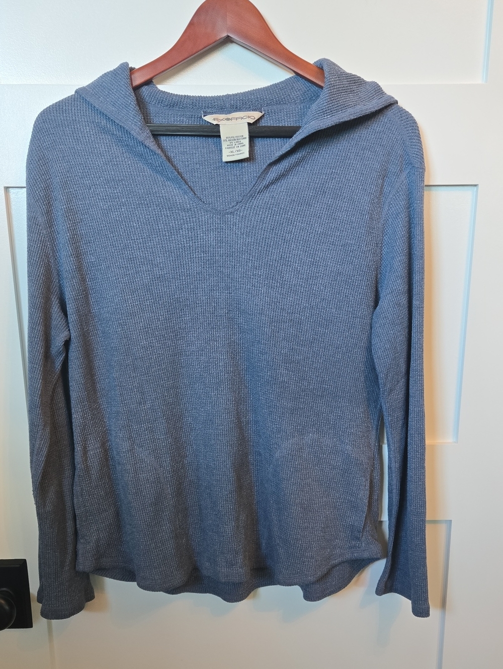 Ex Officio Travel Pullover V‑Neck Hooded Top in Dusty Blue XL Waffle Knit